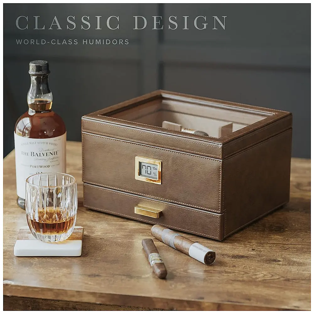 Humidor Charutos Case Elegance Belmont Castanho Tampa Vidro Sistema Umidificação Digital — foto 2