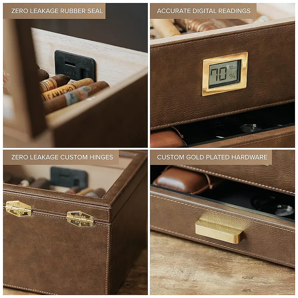 Humidor Charutos Case Elegance Belmont Castanho Tampa Vidro Sistema Umidificação Digital — foto 3