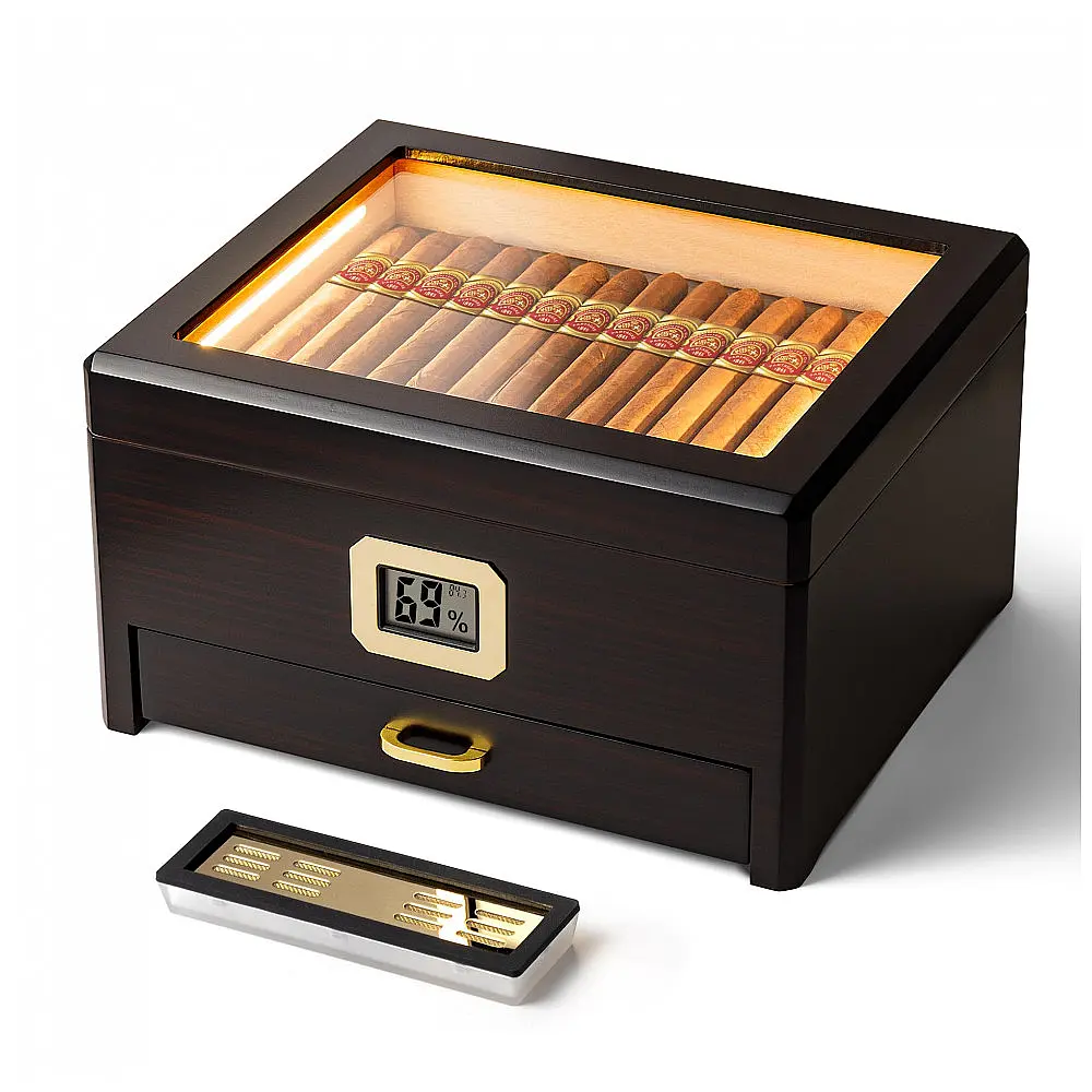 Humidor Woodronic Ébano Capacidade 25-50 Charutos com LED Higrômetro Digital Gaveta Acessórios