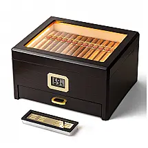 Humidor Woodronic Ébano Capacidade 25-50 Charutos com LED Higrômetro Digital Gaveta Acessórios