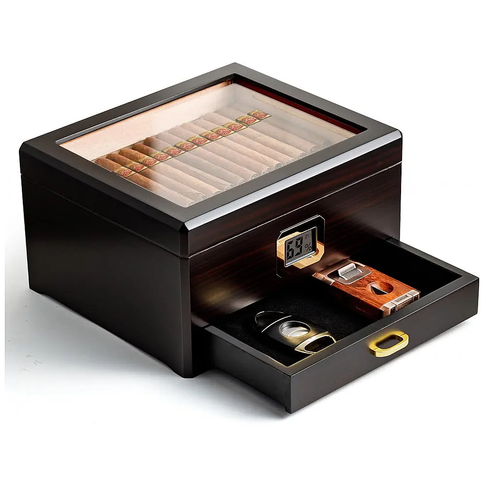 Humidor Woodronic Ébano Capacidade 25-50 Charutos com LED Higrômetro Digital Gaveta Acessórios — foto 2
