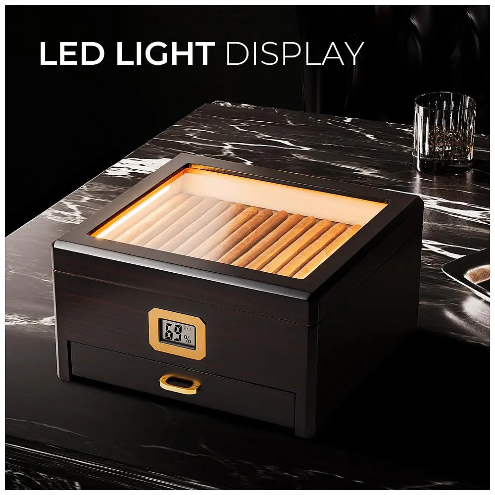 Humidor Woodronic Ébano Capacidade 25-50 Charutos com LED Higrômetro Digital Gaveta Acessórios — foto 3