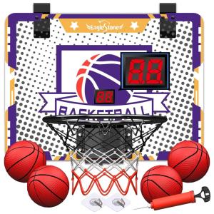 Cesta de Basquete com 4 Bolas, Placar Eletrônico e Som de Torcida, Brinquedo Ideal para Crianças e Adultos, Eaglestone, Amarelo e Roxo