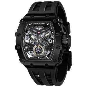 Relógio Masculino Analógico Automático Mecânico a Prova dÁgua 50M com Pulseira de Silicone, TSAR BOMBA, Preto
