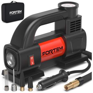 Compressor de Ar Portátil de Pneus 12V DC 3 LED Anexos Bolsa de Transporte Bônus, FORTEM 13, Vermelho