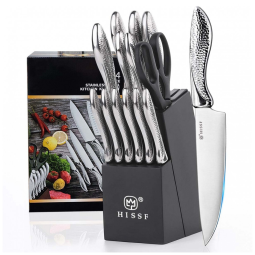 Conjunto de Facas em Aço Inoxidável com Bloco de Bancada e Afiador Embutido, 14 Peças, HISSF, Prata