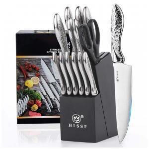 Conjunto de Facas em Aço Inoxidável com Bloco de Bancada e Afiador Embutido, 14 Peças, HISSF, Prata