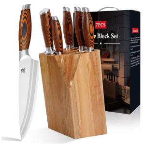 Conjunto de Facas em Aço Inoxidável com Bloco de Bancada e Cabo Pakkawood, 7 Peças, MSY BIGSUNNY, Marrom