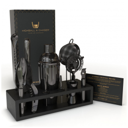 Highball Chaser Kit Bn Profissional 13 Peças em Aço Inoxidável com Suporte de Bambu e Livro de Receitas, Preto