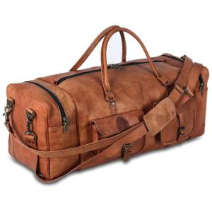 KPL Bolsa de Viagem Masculina Clássica de Couro, KOMALS PASSION LEATHER, Marrom Claro