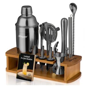 Kit Bn Profissional 17 Peças em Aço Inoxidável com Suporte de Madeira, KITESSENSU Black, Cinza