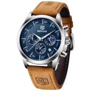 Relógio Masculino Analógico Quartzo, Couro, BY BENYAR, Marrom
