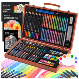 Kit Lápis de Cor Profissional com Maleta de Madeira 118 peças Tintas Acrílicas, Aquarela, SHUTTLE ART SA ARTSET, Marrom