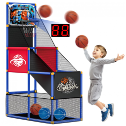 Jogo de Basquete Arcade Infantil com 4 Bolas, Placar Eletrônico e Altura Ajustável para Ambientes Internos e Externos, Flybakiz