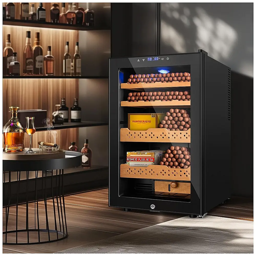 Humidor Elétrico Velieta Preto 70L 400 Charutos Controle Digital Temperatura Umidade Prateleiras Cedro Espanhol Trava Segurança 115V — foto 2