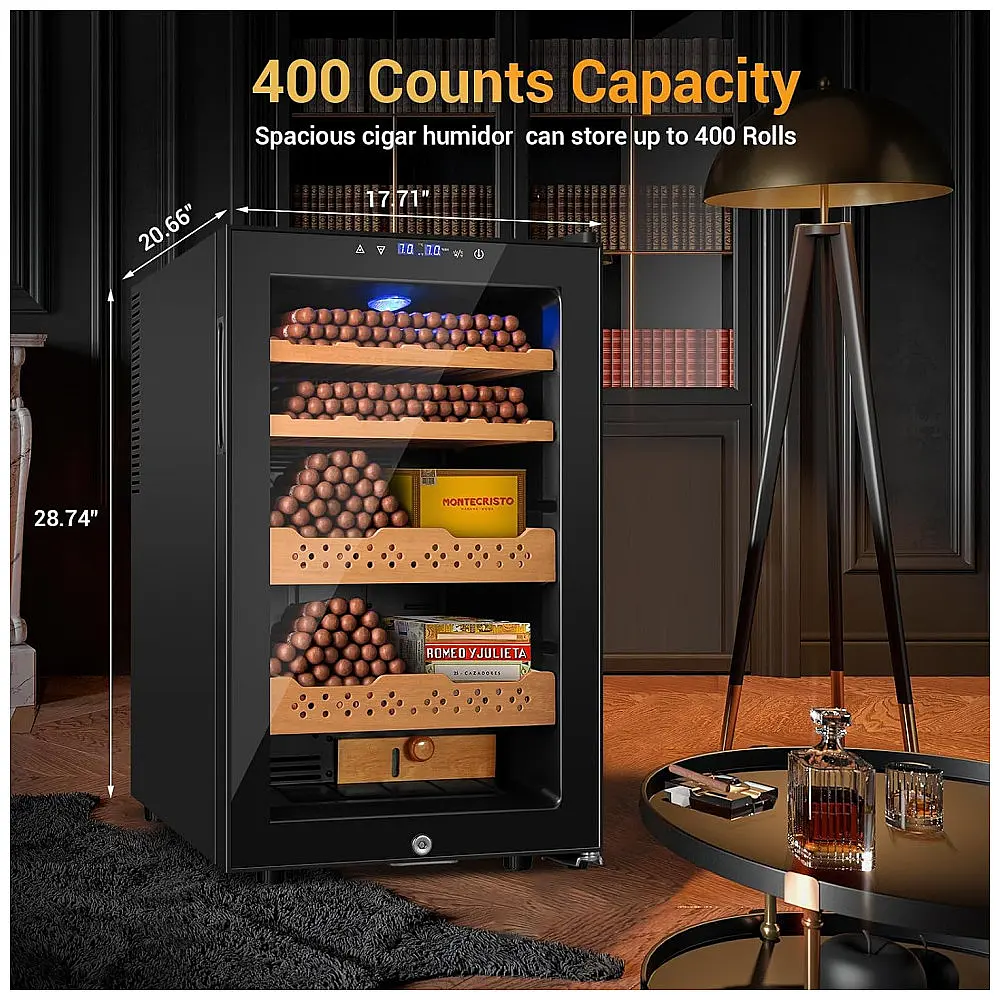 Humidor Elétrico Velieta Preto 70L 400 Charutos Controle Digital Temperatura Umidade Prateleiras Cedro Espanhol Trava Segurança 115V — foto 3