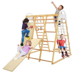 Playground GLACER Ginásio Indoor 8 em 1, Trepa-Trepa de Madeira com Escorregador, Balanço, Barras de Macaco, Escada de Corda