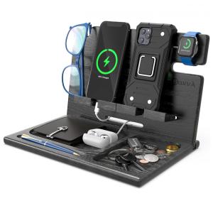 Barva Porta Chaves e Organizador Tudo em Um de Madeira com Suporte para Celular, Cinza