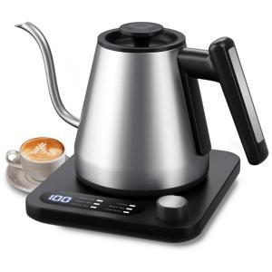 Chaleira Elétrica Pescoço de Ganso 1,7L com Controle de Temperatura, Display LCD e Desligamento Automático, 1200W, Tisanio, Prata