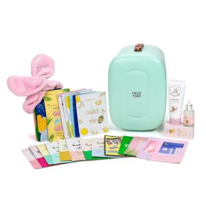 Mini Geladeira para Skincare 6 Litros Portatil com 27 Máscaras e Hidratantes, 12V, 110v, FACETORY, Azul