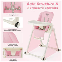 Cadeira Alta BABY JOY dobrável, 6 alturas, assento, encosto e apoio ajustáveis, 2 bandejas removíveis, rodas, cinza, alumínio, polipropileno