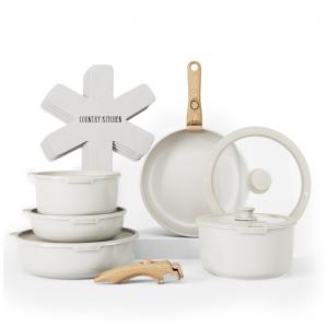 Jogo de Panelas e Frigideiras, Material em Alumínio com 16 Peças e Cabo de Madeira Removível, Country Kitchen, Creme