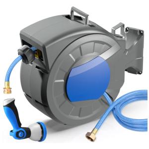 Mangueira de Jadim 30M com Enrolador Retrátil, Bico Pulverizador de 10 Padrões, Rebobinamento Lento Automático e Trava, REDUCTUS