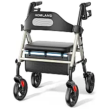 Andador Dobrável para Idoso, com Assento, Rodas Grandes de 20 cm para Todos os Terrenos, Altura Ajustável e Suporta até 158 kg, HOMLAND