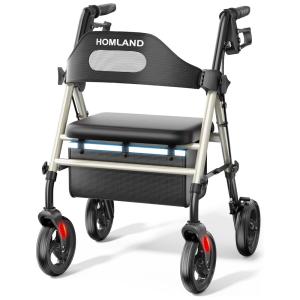 Andador Dobrável para Idoso, com Assento, Rodas Grandes de 20 cm para Todos os Terrenos, Altura Ajustável e Suporta até 158 kg, HOMLAND