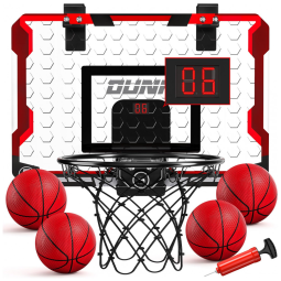 Mini Cesta de Basquete com 4 Bolas, Placar Eletrônico e Som de Torcida, Brinquedo Ideal para Crianças e Adultos, TEMI, Branco e Vermelho