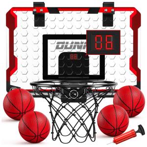Mini Cesta de Basquete com 4 Bolas, Placar Eletrônico e Som de Torcida, Brinquedo Ideal para Crianças e Adultos, TEMI, Branco e Vermelho