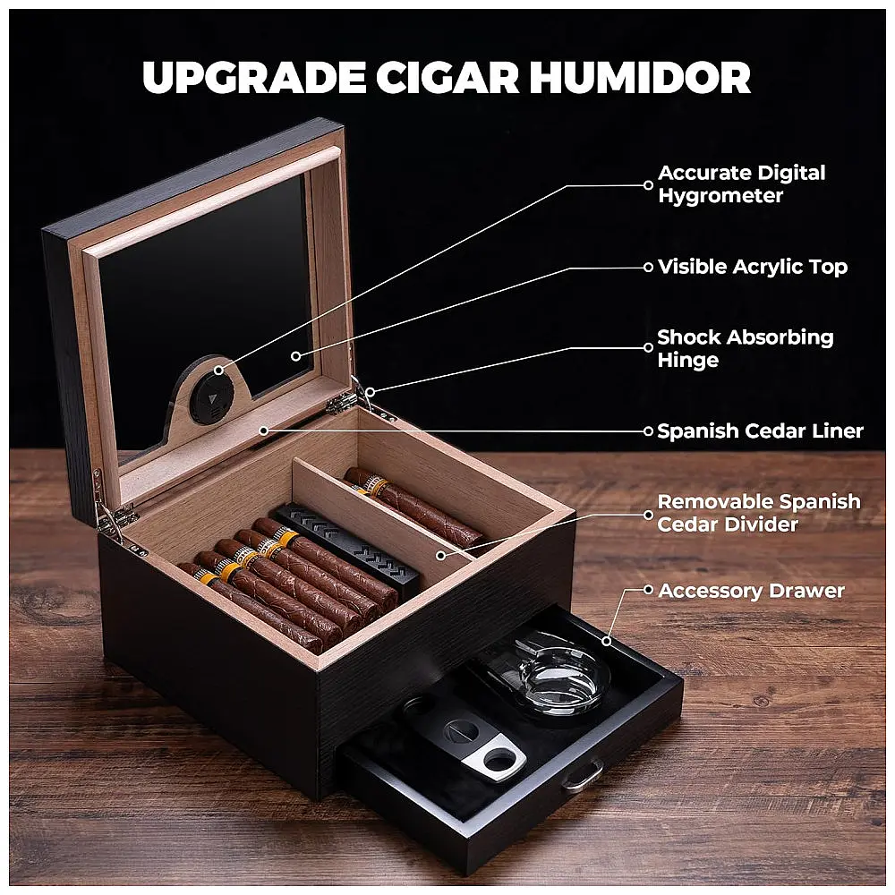 Humidor para Charutos CINOROW 35-50 Unidades com Gaveta para Acessórios e Higrômetro Digital — foto 2
