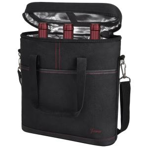 Tirrinia Bolsa Térmica Para Transporte de Vinhos até 3 Garrafas com Alça Ajustável, Preta