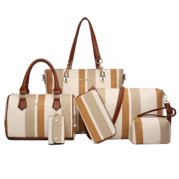 Conjunto de Bolsas Femininas 6 Peças com Carteira, 2E youth, Cáqui Listrado