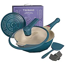 TIBORANG Panela Frigideira 6L Antiaderente 8 em 1 com Revestimento de Alumínio e Titânio Fundido e Indicador de Calor, Preto