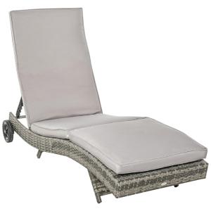 Espreguiçadeira de Vime para Piscina, Rattan PE com Almofada, Encosto Ajustável em 5 Níveis e Rodas para Fácil Movimentação,Outsunny, Cinza