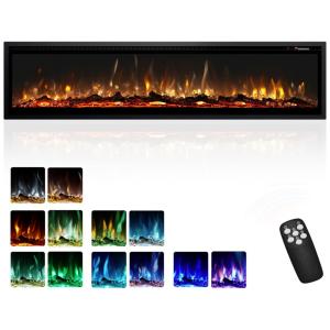 Lareira Elétrica EUHOMY de 182,88 cm Embutida, Montada na Parede ou Autônoma com Controle Remoto, Aquecedor Ultratino com Chama Ajustável