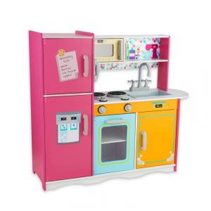 Cozinha Infantil de Madeira com Telefone, Torneira e Pia Realistas para Crianças de 3 a 8 Anos, WoodenEdu, Amarela e Rosa