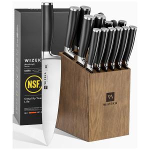 Conjunto de Facas com Bloco de Bancada, Afiador Embutido e Cabo Ergonômico, 15 Peças, WIZEKA, Preto