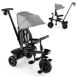 Triciclo Infantil HONEY JOY Cinza com Alça e Capota Ajustáveis, Assento Reversível, Cinto, Pedal Dobrável e Porta-Copos
