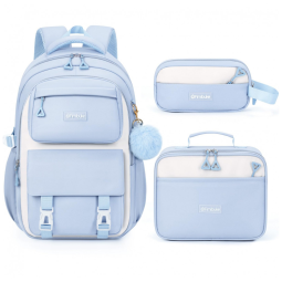 Mochila escolar Fimibuke infantil juvenil azul, conjunto 3 peças com lancheira térmica e estojo, impermeável
