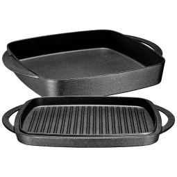 Assadeira de Ferro Fundido 2 em 1 Pré Preparada, a Tampa Serve para Grelhar, BRUNTMOR, Preto