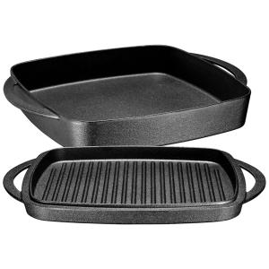 Assadeira de Ferro Fundido 2 em 1 Pré Preparada, a Tampa Serve para Grelhar, BRUNTMOR, Preto