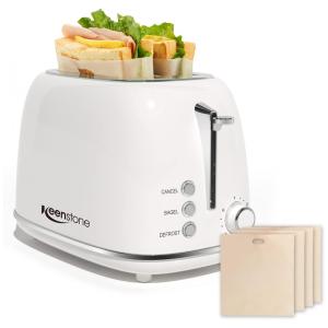 Torradeira Elétrica Retrô 2 Fatias com 6 Níveis de Tostagem, Função Cancelar, Descongelar e Saco de Torradeira, 110V, Keenstone, Branca