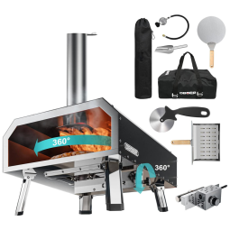 Forno de Pizza a Gás Portátil Aço Inoxidável com Termômetro Embutido, Cortador de Pizza e Bolsa de Transporte, ABORON, Preto