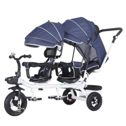 Triciclo Infantil de Assento Duplo 4 em 1 com Freio, Alça de Empurrar Removíveis e Ajustáveis para Crianças, WOGDKS, Azul