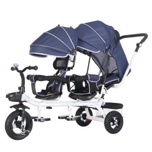 Triciclo Infantil de Assento Duplo 4 em 1 com Freio, Alça de Empurrar Removíveis e Ajustáveis para Crianças, WOGDKS, Azul