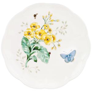 Prato Decorativo de 22 cm com Tema de Flores e Borboleta, Formato Redondo e Material de Porcelana, LENOX, Branco Colorido