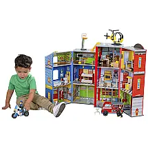Posto de Bombeiros de Madeira Dobrável com 3 Andares e 26 Acessórios, KidKraft, Azul