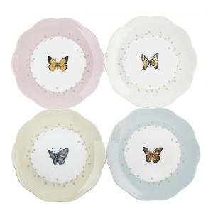 Conjunto de Pratos para Sobremesa com 4 Peças, Formato Ondulado Redondo, Tema Borboleta e Material de Porcelana, LENOX 6444731, Colorido